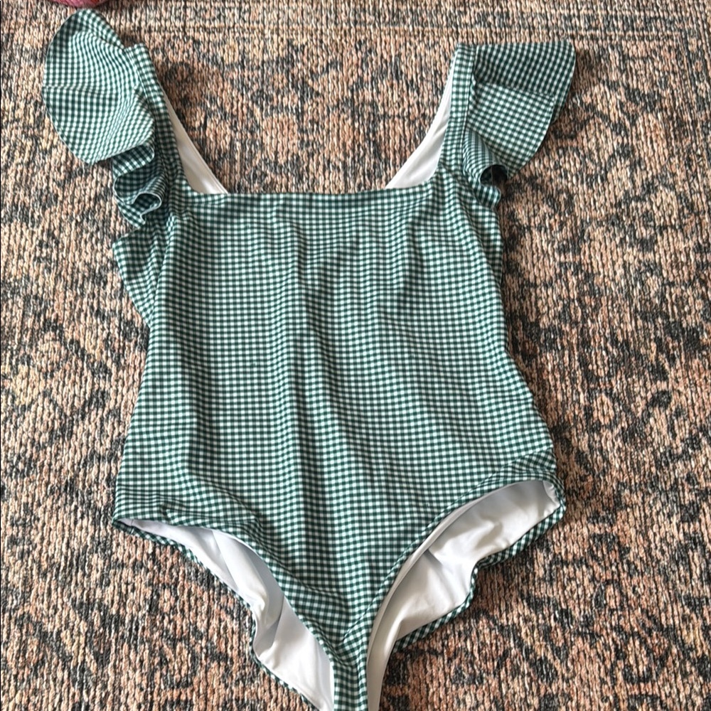Hill House Green Gingham Ruffle Sleeve Swimsuit Size L (see description)